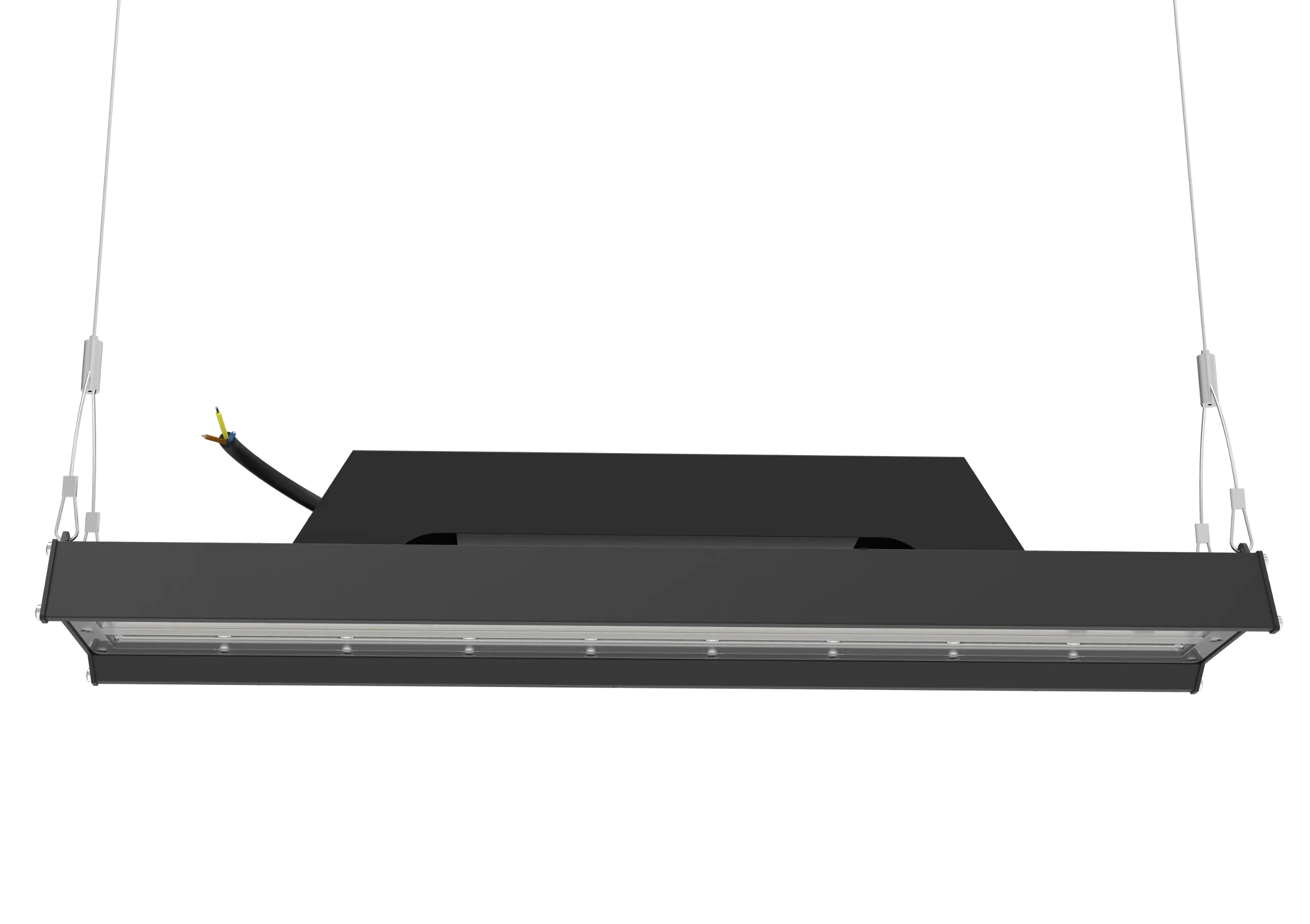 Professional linear high bay luminaires ideal for high-ceiling industrial corridors and assembly environments, model LHB03