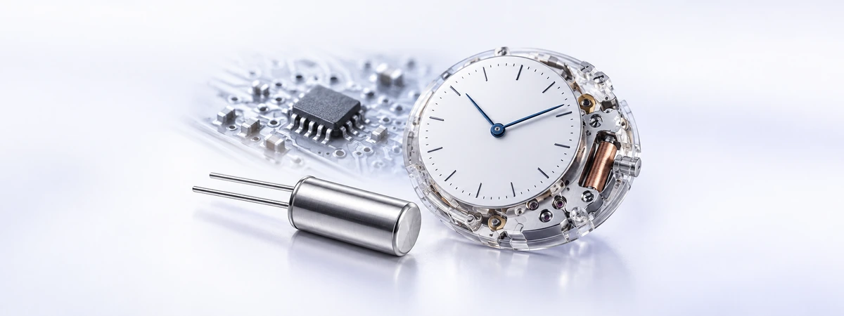 Concept illustration of a cylindrical quartz crystal beside an analog watch movement and a circuit board.