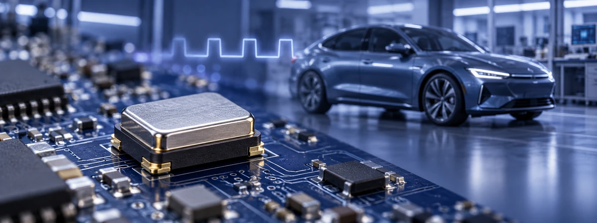 Crystal oscillator on an automotive control PCB with a vehicle and clock signal in the background
