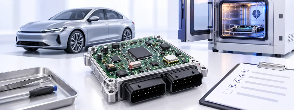 Concept illustration of an automotive ECU circuit board, environmental test chamber, car and quality inspection checklist.