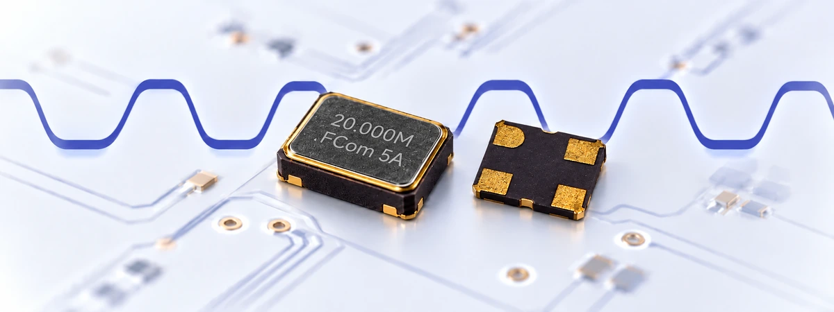 Top and underside views of an FCom 20 MHz oscillator with a purple waveform and pale circuit board background.