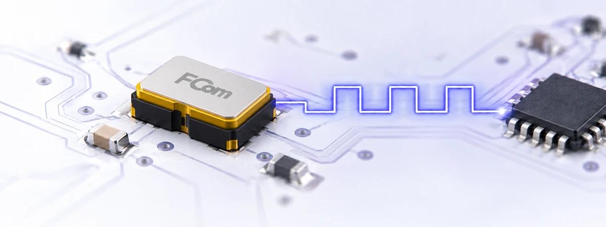 CMOS crystal oscillator on a PCB with a square-wave clock signal leading to a digital IC.