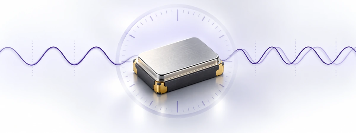 Quartz oscillator with a clock dial and offset purple waveforms illustrating frequency aging.