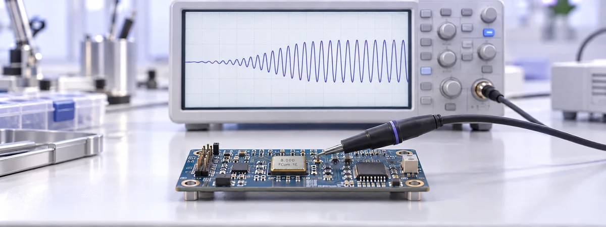 Illustration of a probe testing a crystal oscillator circuit with a startup waveform on an oscilloscope