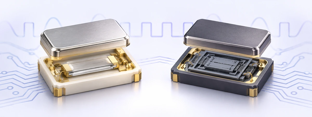 Conceptual cutaway illustration of quartz and MEMS oscillators side by side with circuit traces and clock waveforms.