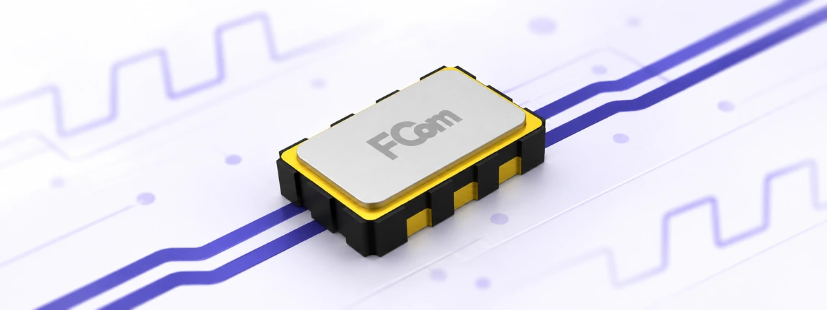 FCom oscillator with purple differential PCB traces and conceptual clock waveforms.