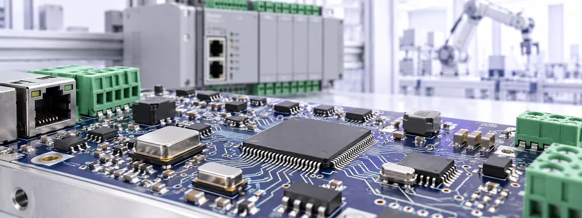Quartz timing components on an industrial controller board, with a PLC and robotic arm in the background.