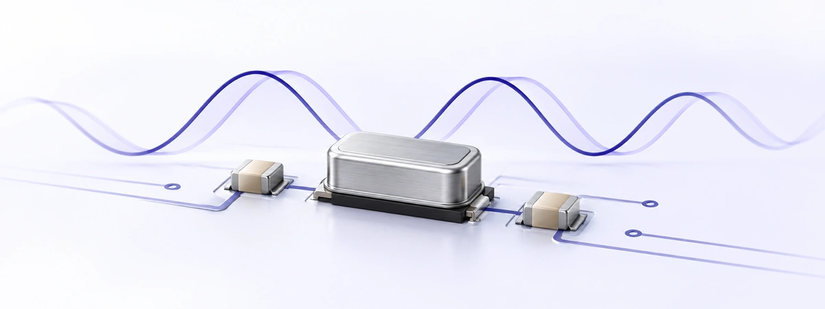Quartz crystal resonator with two load capacitors and purple waveforms illustrating frequency pulling.