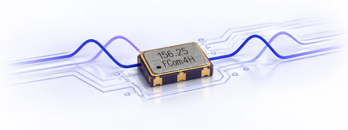 Concept illustration of an SMD crystal oscillator with purple differential signal traces on a pale circuit board.