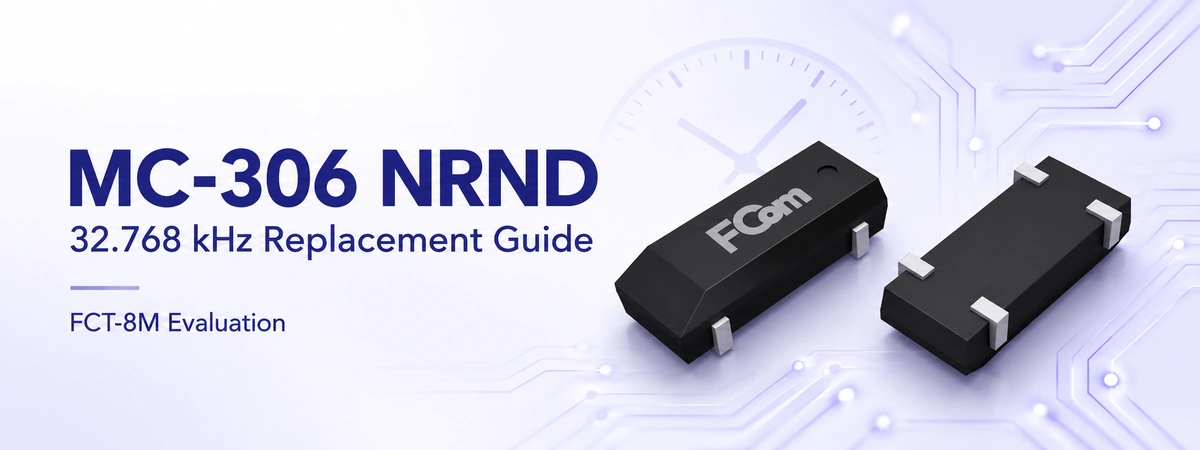FCom FCT-8M crystal top and underside views for the MC-306 32.768 kHz NRND replacement guide