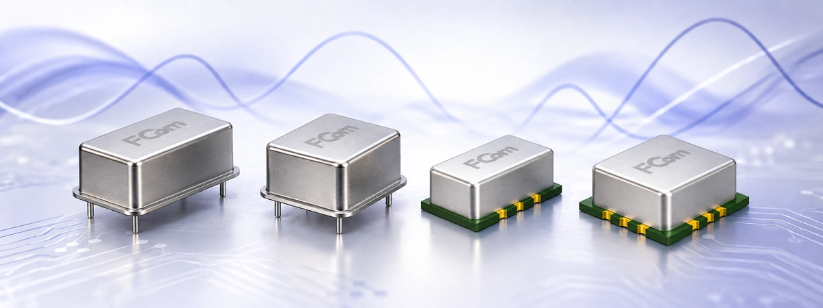FCom FOC-1D, FOC-2D, FOC-5S and FOC-6S OCXO illustrations showing through-hole and surface-mount packages.