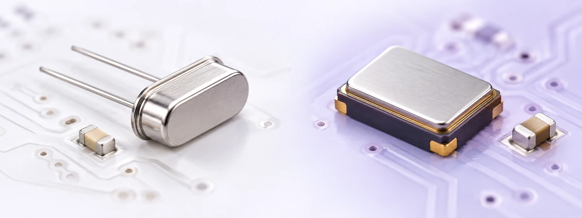 Passive quartz crystal and active SMD oscillator on a light circuit board background.