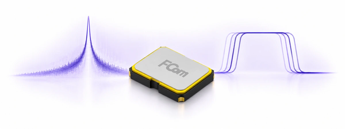 Quartz oscillator between a purple phase-noise spectrum and overlapping clock edges illustrating timing jitter.