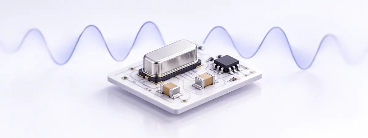 Concept illustration of a quartz crystal, two capacitors and an amplifier IC on a circuit board with a purple waveform.