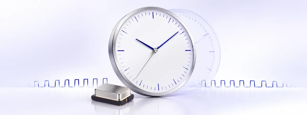 Concept illustration of a clock dial, quartz crystal component and timing pulses representing clock accuracy and time drift.