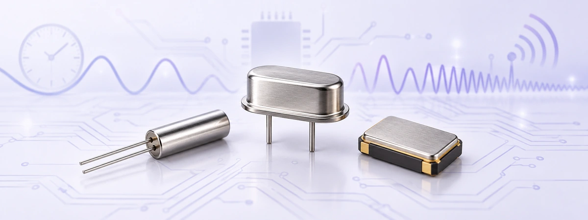 Illustration of cylindrical, through-hole and SMD quartz crystals with clock, microcontroller and wireless symbols.
