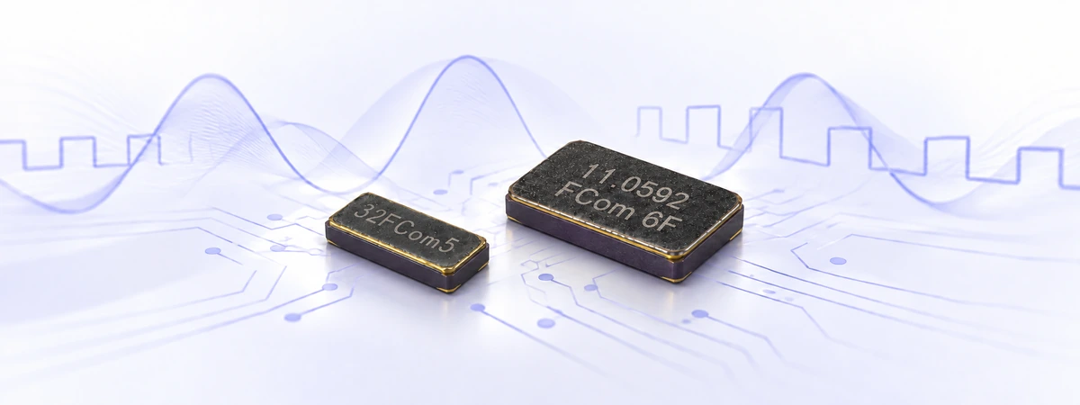 Concept illustration of quartz crystal and oscillator packages with purple sine and digital clock waveforms.