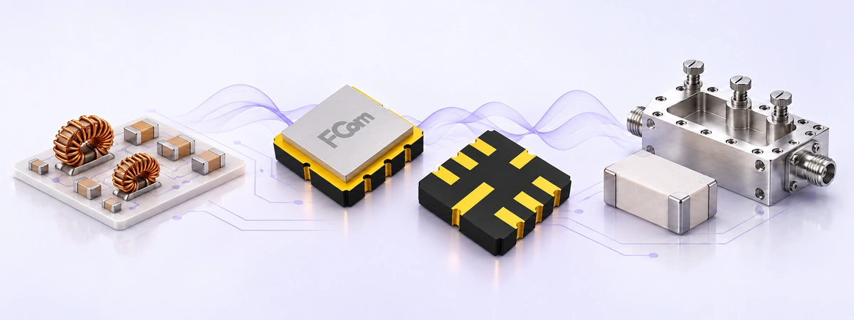 FCom SAW filter top and underside views alongside LC components, a ceramic component and an RF cavity filter