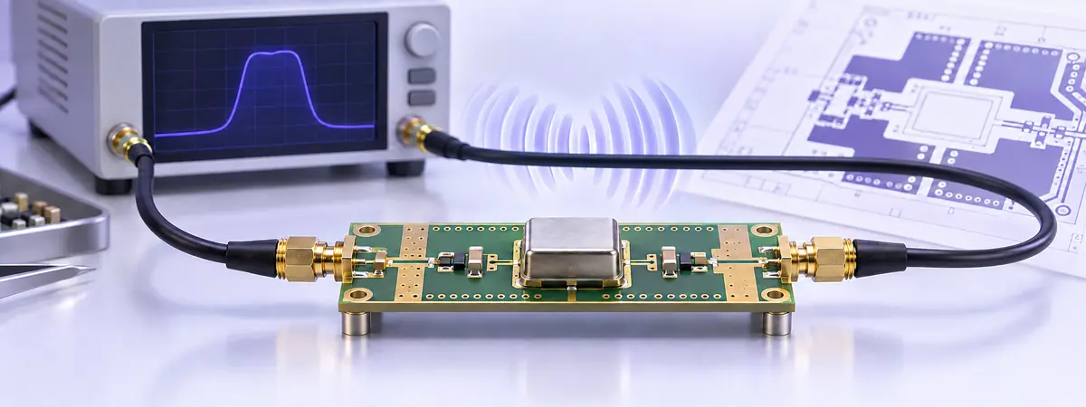 SAW filter evaluation board connected to a vector network analyzer, with a bandpass response and PCB layout in the background.