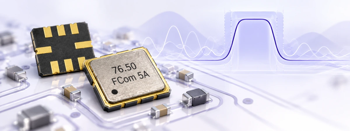 FCom SAW filter top and underside views with PCB matching components and a conceptual bandpass response.