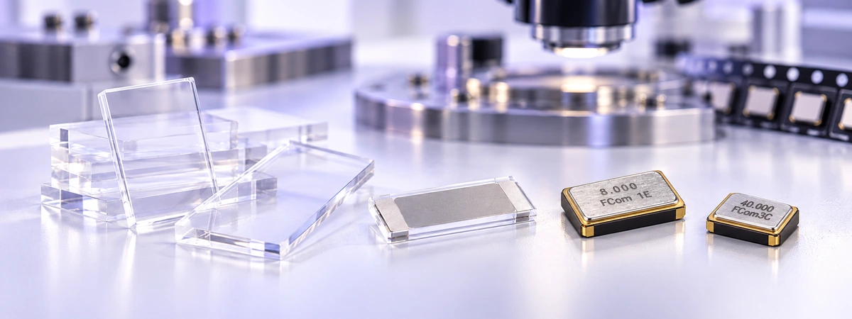 FCom SMD quartz crystals beside quartz blanks and an electrode-coated crystal, with inspection equipment in the background.