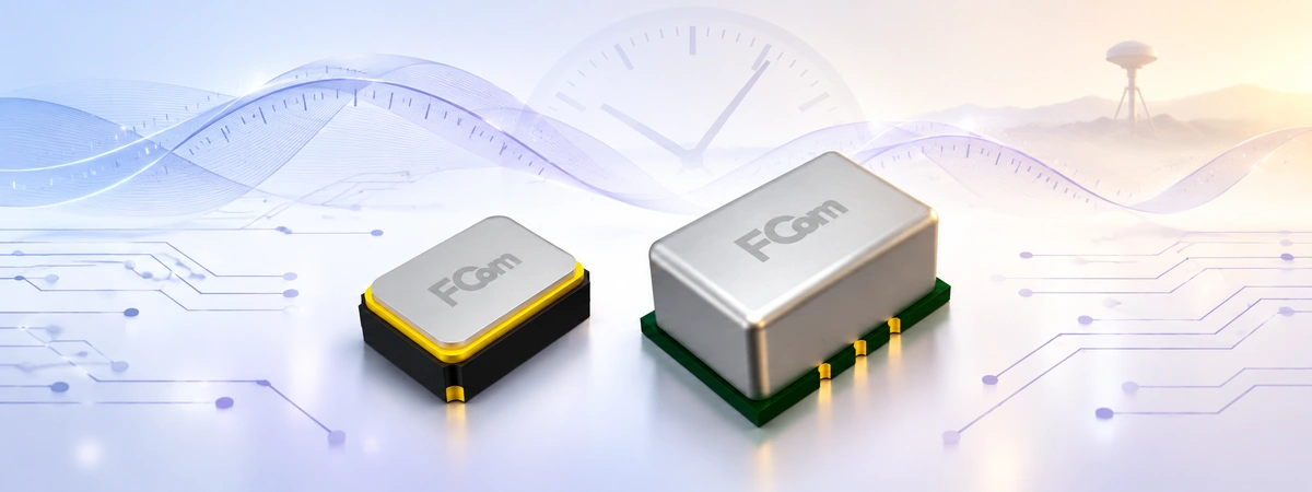 FCom TCXO and OCXO side by side with clock, waveform and outdoor antenna imagery