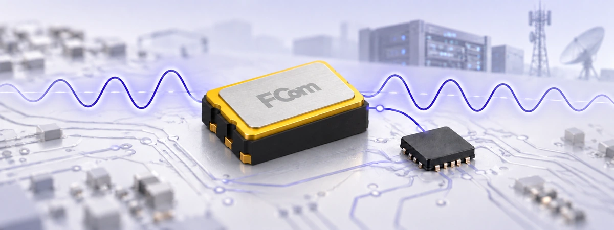 Concept illustration of a VCXO and PLL controller on a circuit board with clock waveforms and communication equipment.