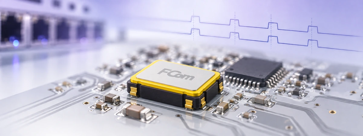VCXO on a communication circuit board with synchronized clock signals in the background.